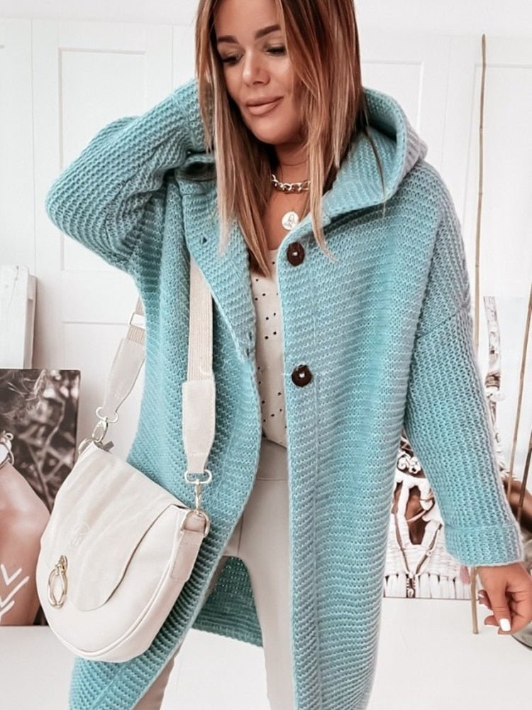 Cardigan à Capuche Femme en Laine Tricotée Coupe Décontractée Mi Longueur Bouton Unique