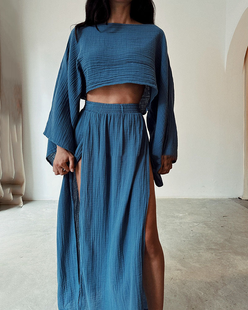 Ensemble Deux Pièces Sylvia En Gazé Mousseline Haut Crop À Manches Larges Jupe Maxi À Fente