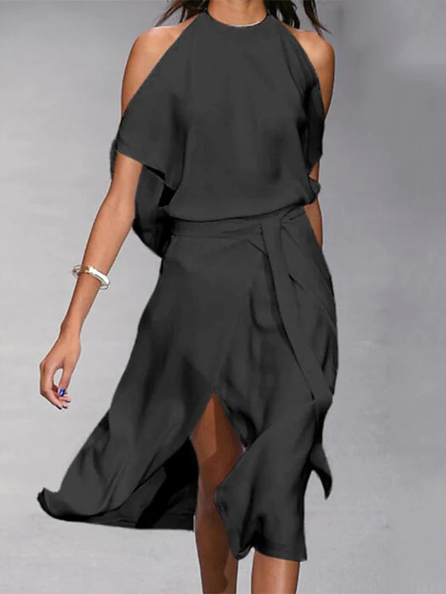 Robe Midi Halter Sharon Amawinc Confortable Et Sophistiquée Pour Été Chaud Avec Décolleté Flatteur Et Jupe Fluide