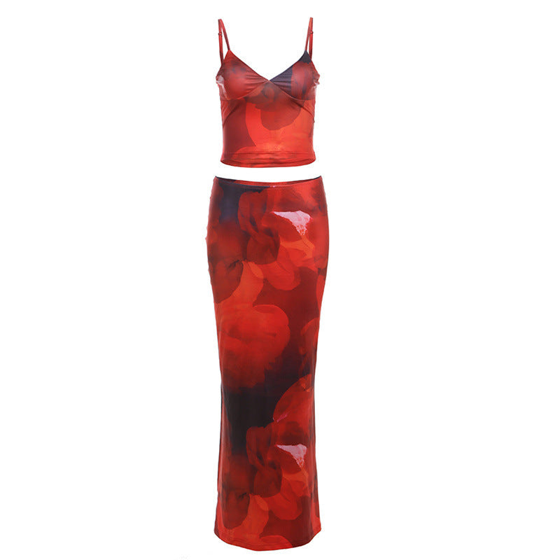 Fudus Damenanzug: Digitaldruck-Kleid, hohe Taille, figurbetont, lang