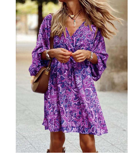 Boho A-Linie Langarm Kleid von Fudus mit Druck