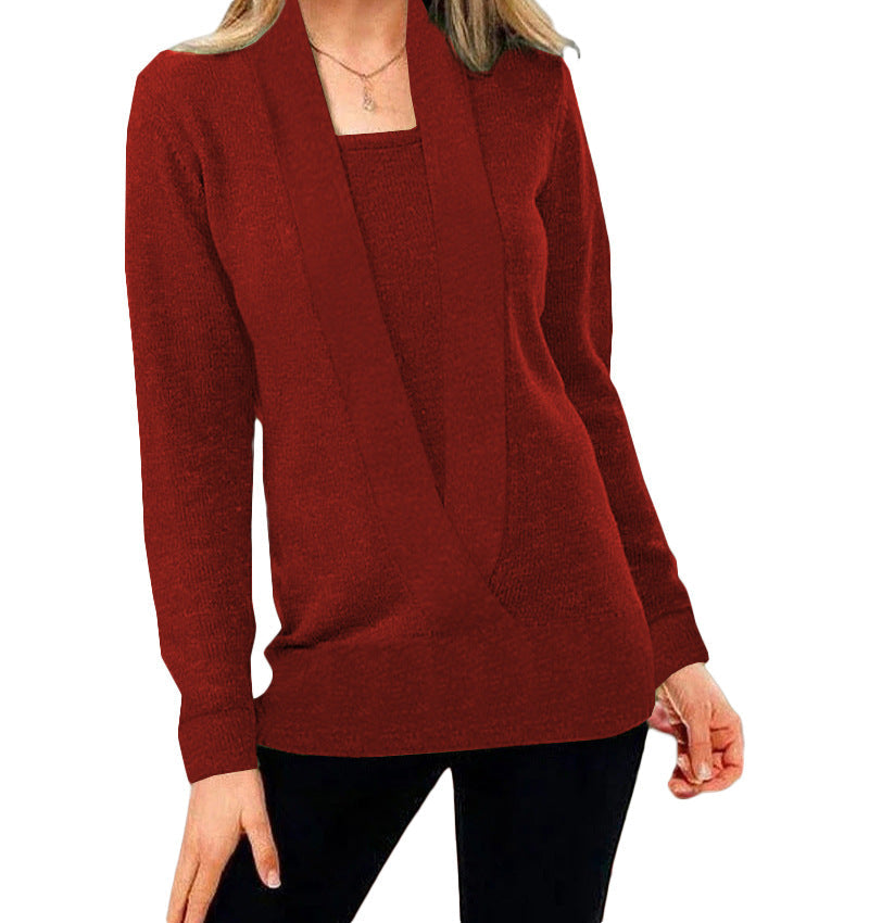 Denny Knit Solid Deep V-Neck Two-Piece Pullover Jacket