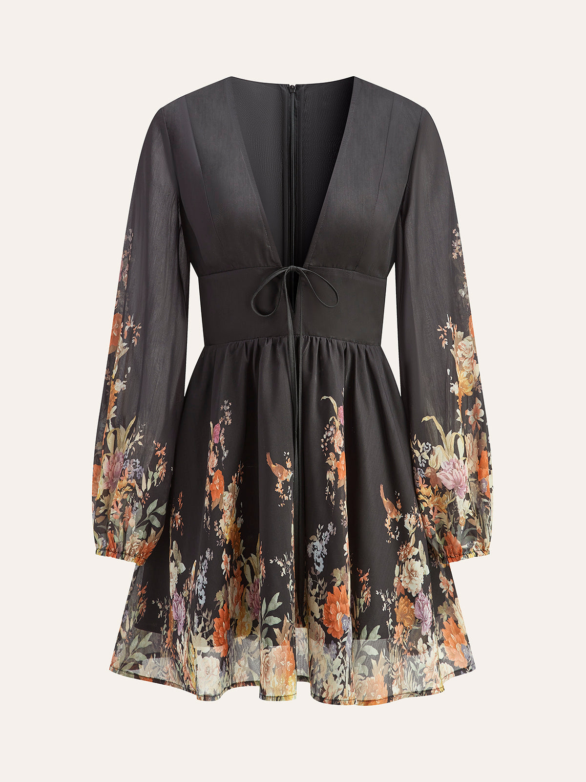 Robe Imprimé Floral Avec Nœud Devant Manches Longues Pour Mariages Vacances Fin De Semaine