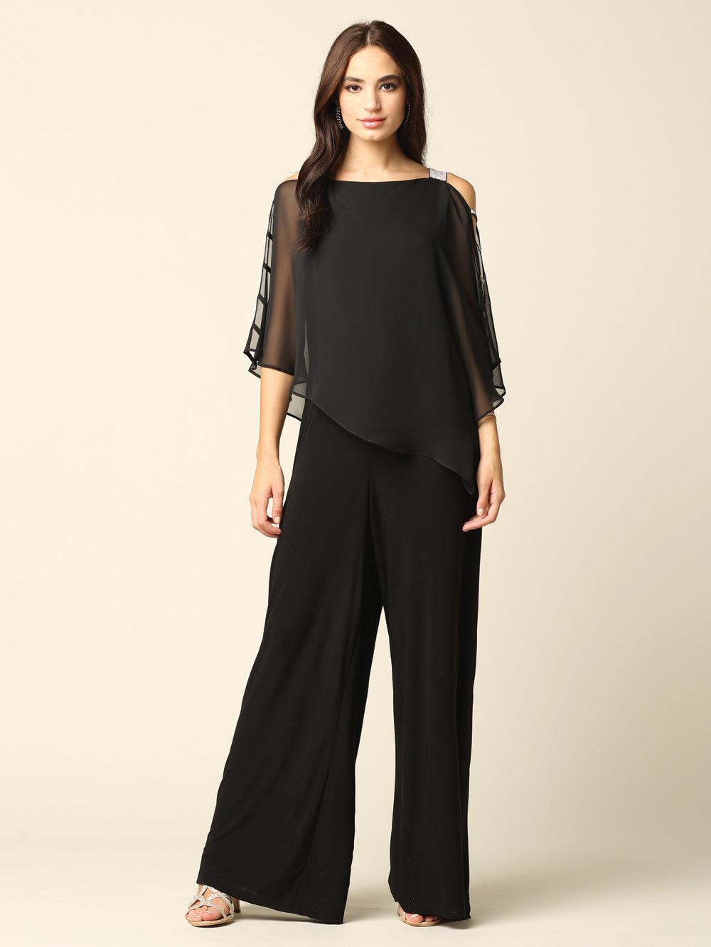 Combinaison Formelle Avec Cape En Chiffon Overlay Et Jersey Extensible Pour Taille Parfaite