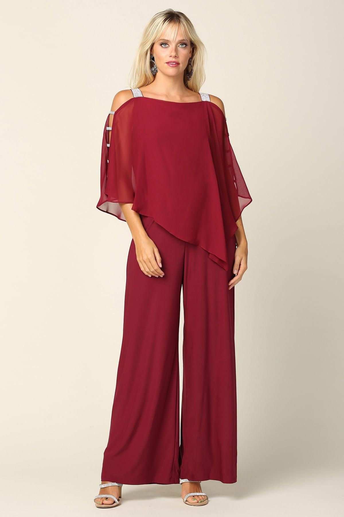Combinaison Formelle Avec Cape En Chiffon Overlay Et Jersey Extensible Pour Taille Parfaite