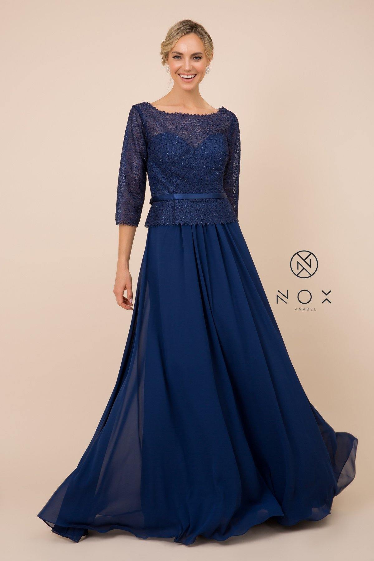 Robe Longue Formelle Pour Mère De La Mariée En Dentelle Avec Encolure Bateau Et Manches Trois Quarts