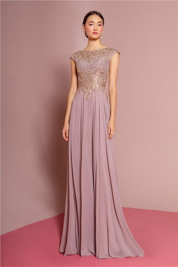 Robe Longue Taille Plus Formelle Pour Mère De La Mariée En Chiffon Avec Dentelle Col Bateau Manches Cap Zip Dos Coupe A