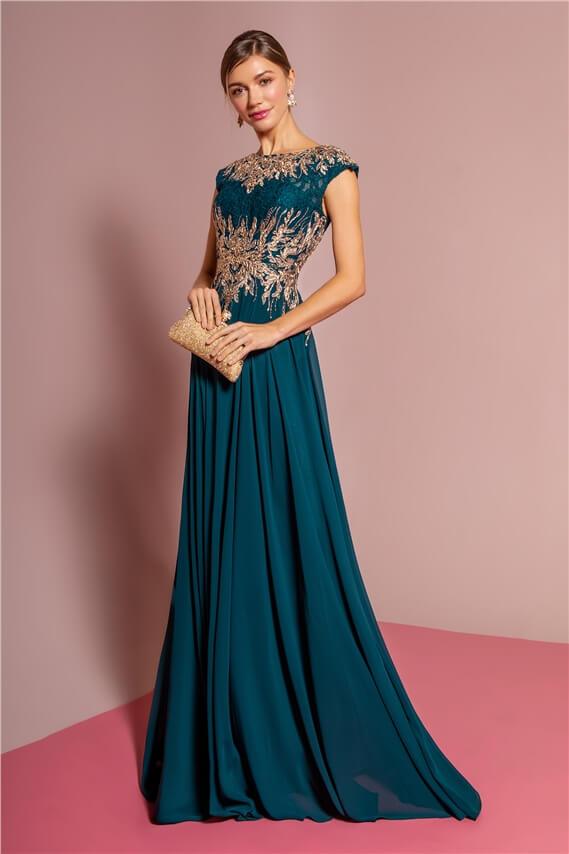 Robe Longue Taille Plus Formelle Pour Mère De La Mariée En Chiffon Avec Dentelle Col Bateau Manches Cap Zip Dos Coupe A