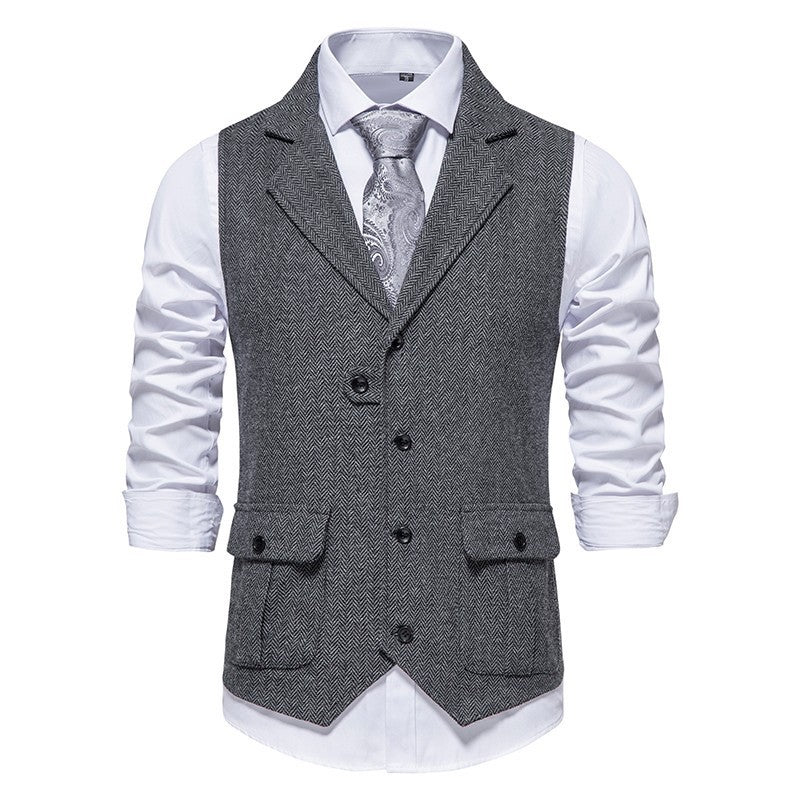 Gilet Homme Smart Casual Bureau Arthur Amawinc Motif Herringbone Marron Boutonné