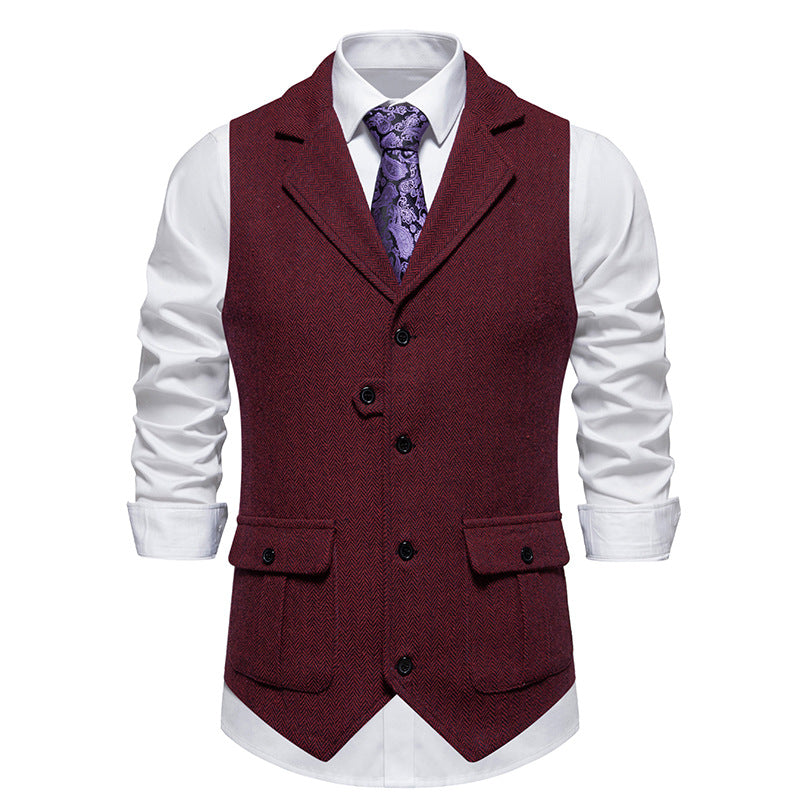 Gilet Homme Smart Casual Bureau Arthur Amawinc Motif Herringbone Marron Boutonné