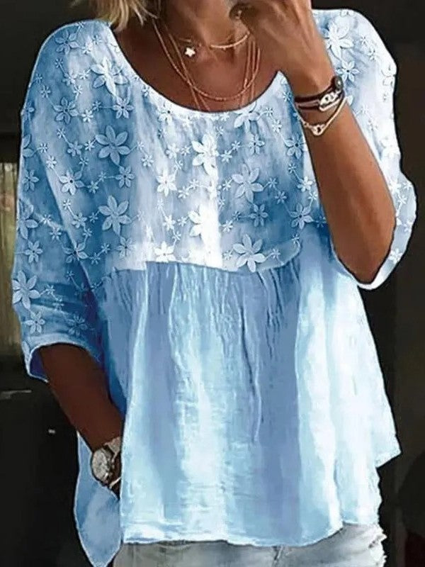 Blouse Femme Coupe Ample Avec Dentelle Brodée Sur Le Haut Respirante Manches Trois Quarts