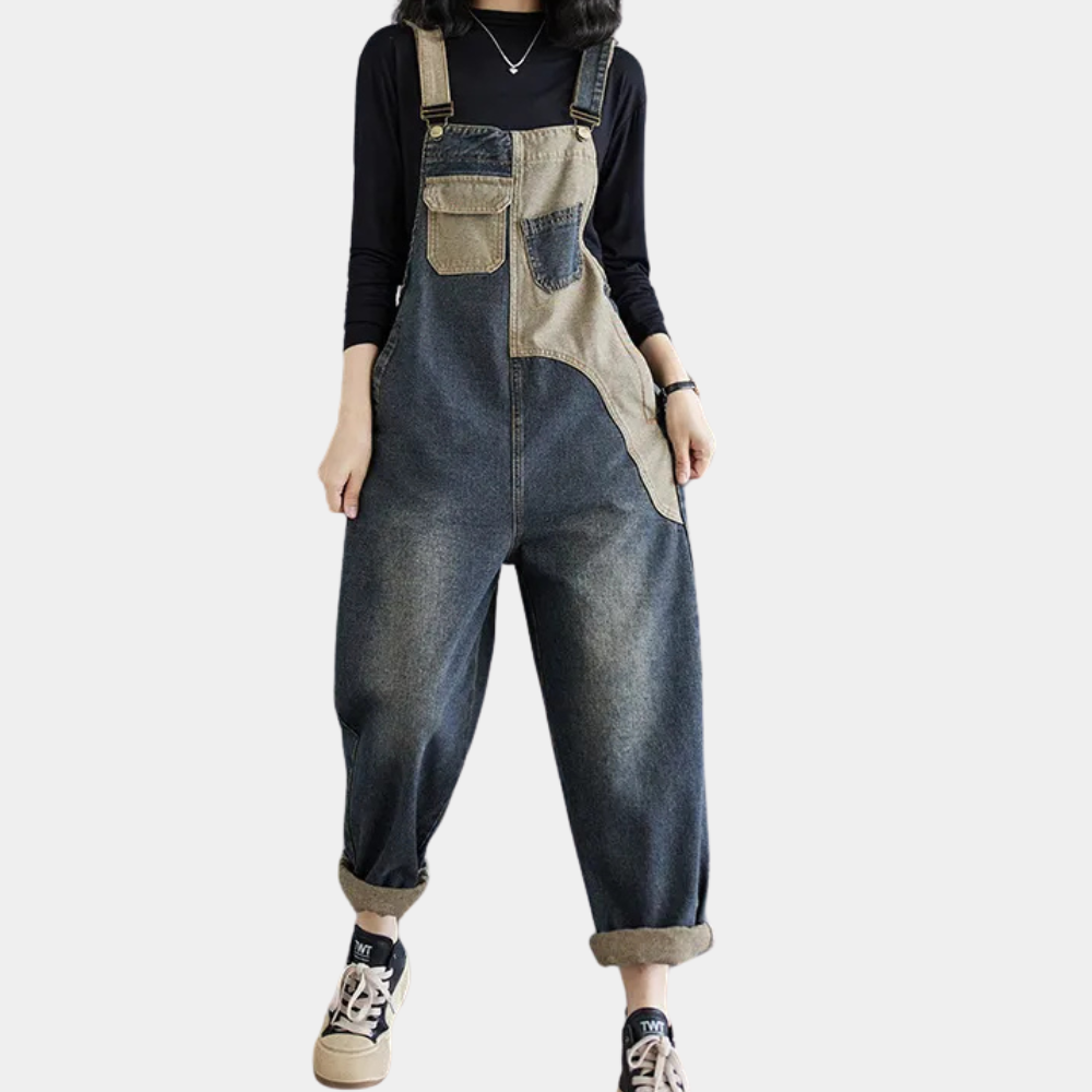 Salopette Femme En Denim Ample Patchwork Bretelles Réglables Poches Fonctionnelles Style Nordique