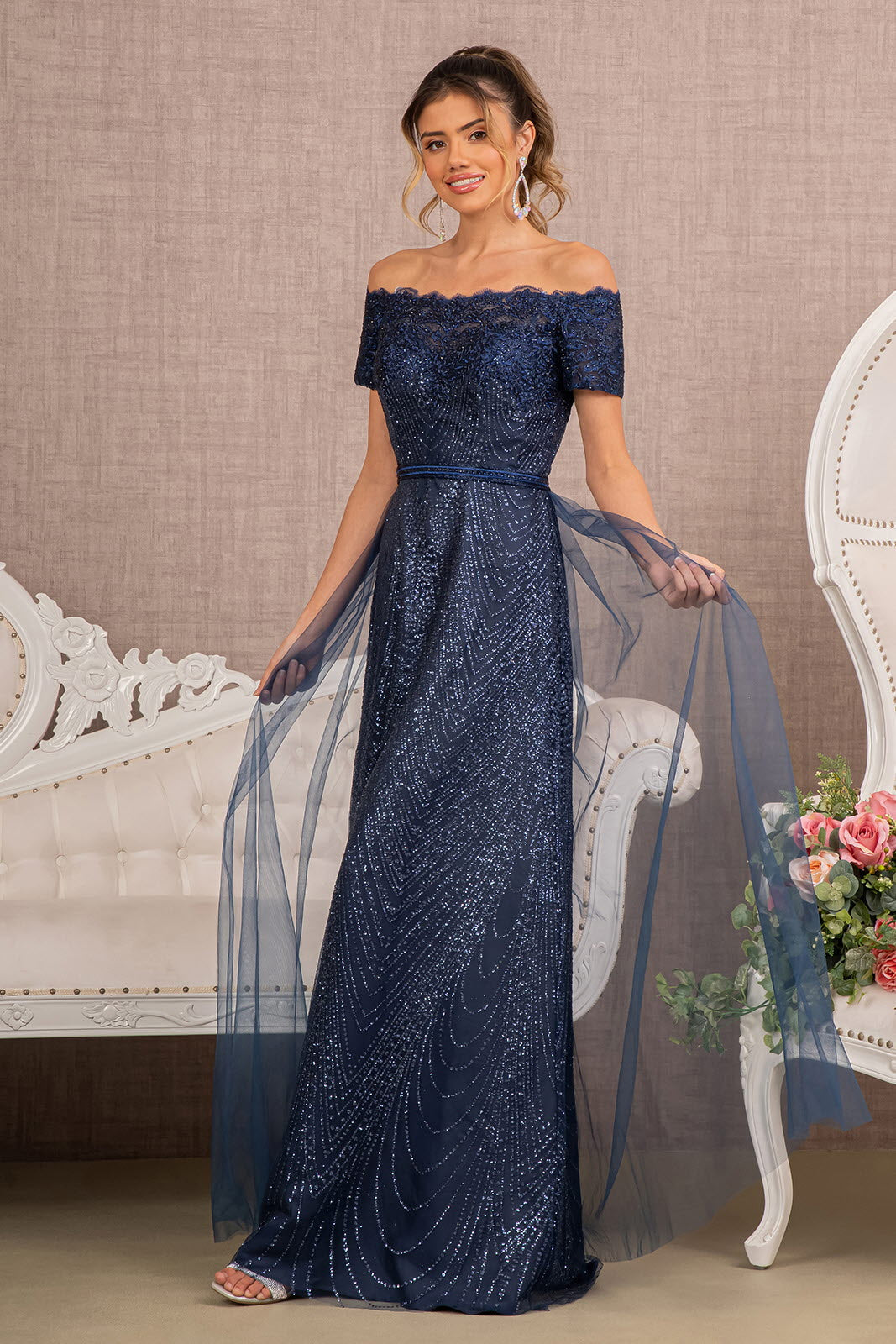 Robe Longue De Bal En Maille À Paillettes Imprimée Décolleté Épaules Décollées Et Glamour