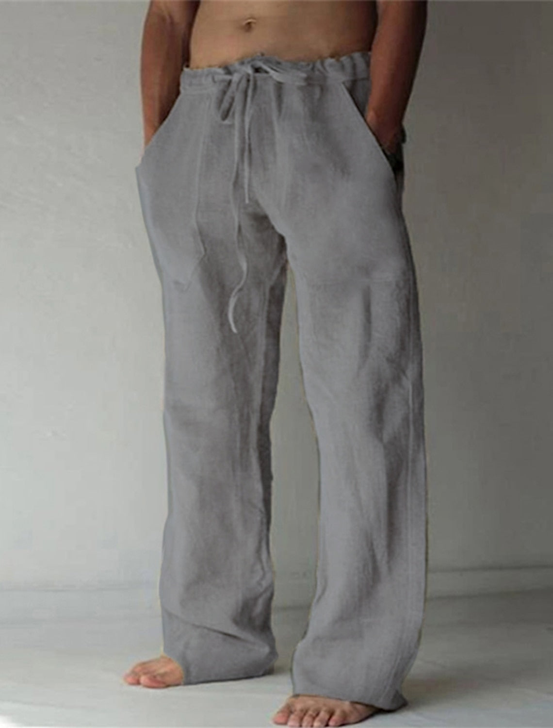Pantalon Pour Homme En Lin Respirant Léger À Cordon Coupe Ample Décontracté Été Style Décontracté