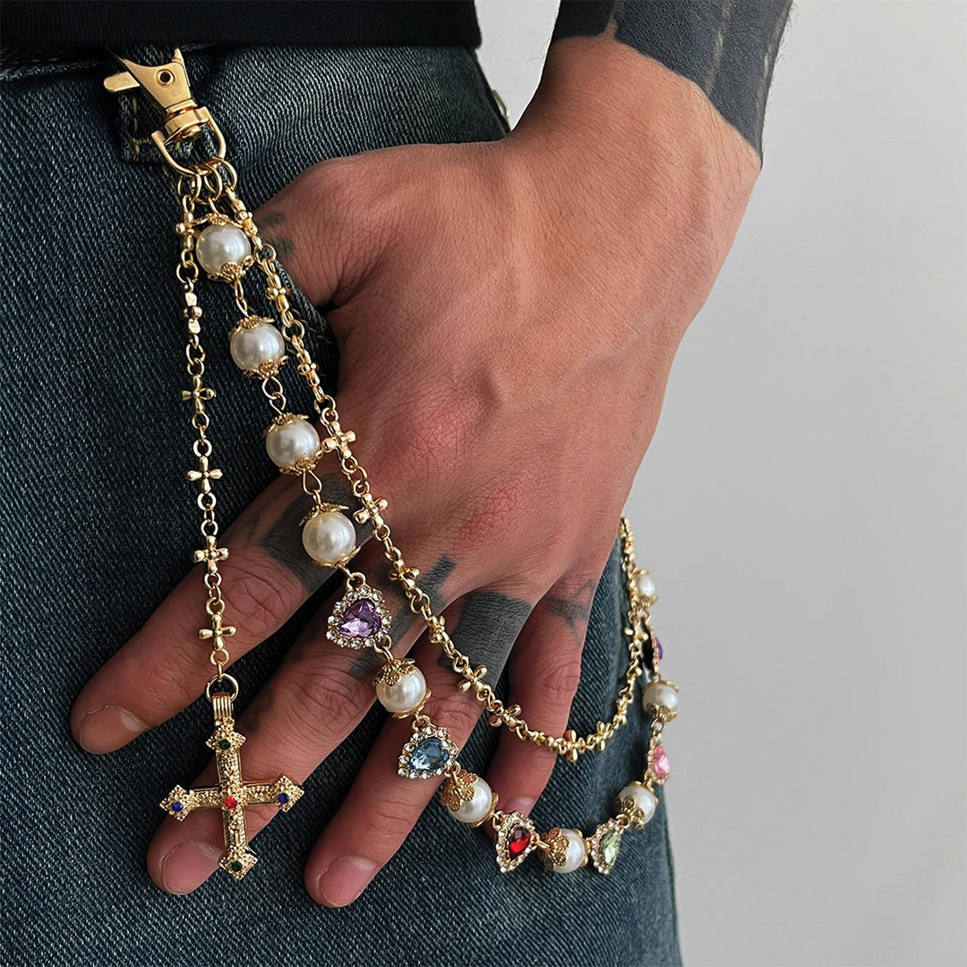 Chaîne Porte Monnaie Hearts On Lock Amawinc Avec Perles Fauses Cœurs Enamel Croix Polie Pour Looks Audacieux