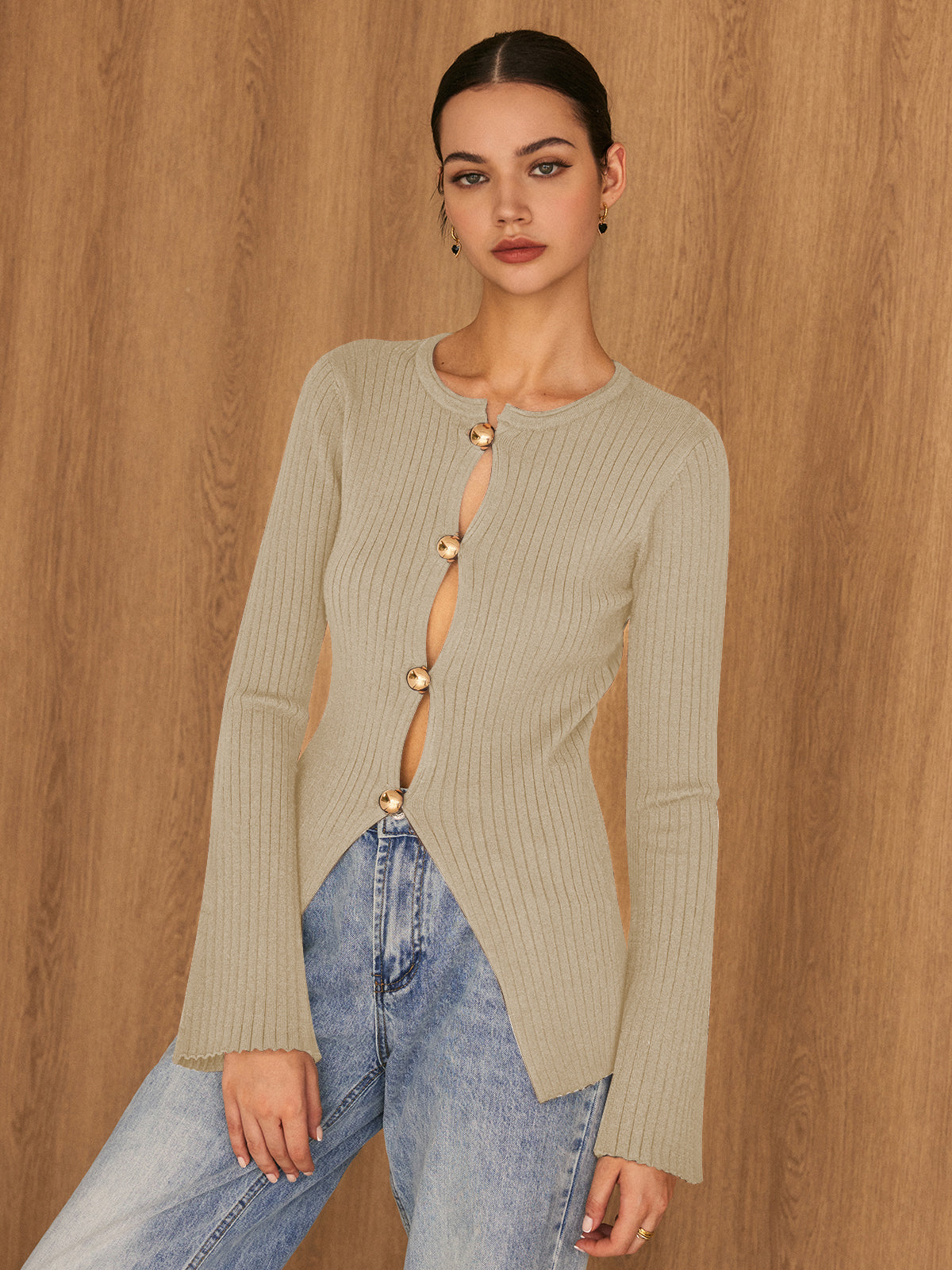 Top En Maille Élégant À Boutons Dorés Et Maille Fendue Coupe Regular Pour Loisirs Décontractés