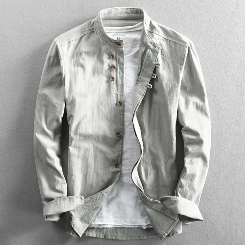 Chemise Homme En Lin Slim Fit Col Mandarin Boutons Front Manches Longues Longueur Hanche Pour Tenue Décontractée