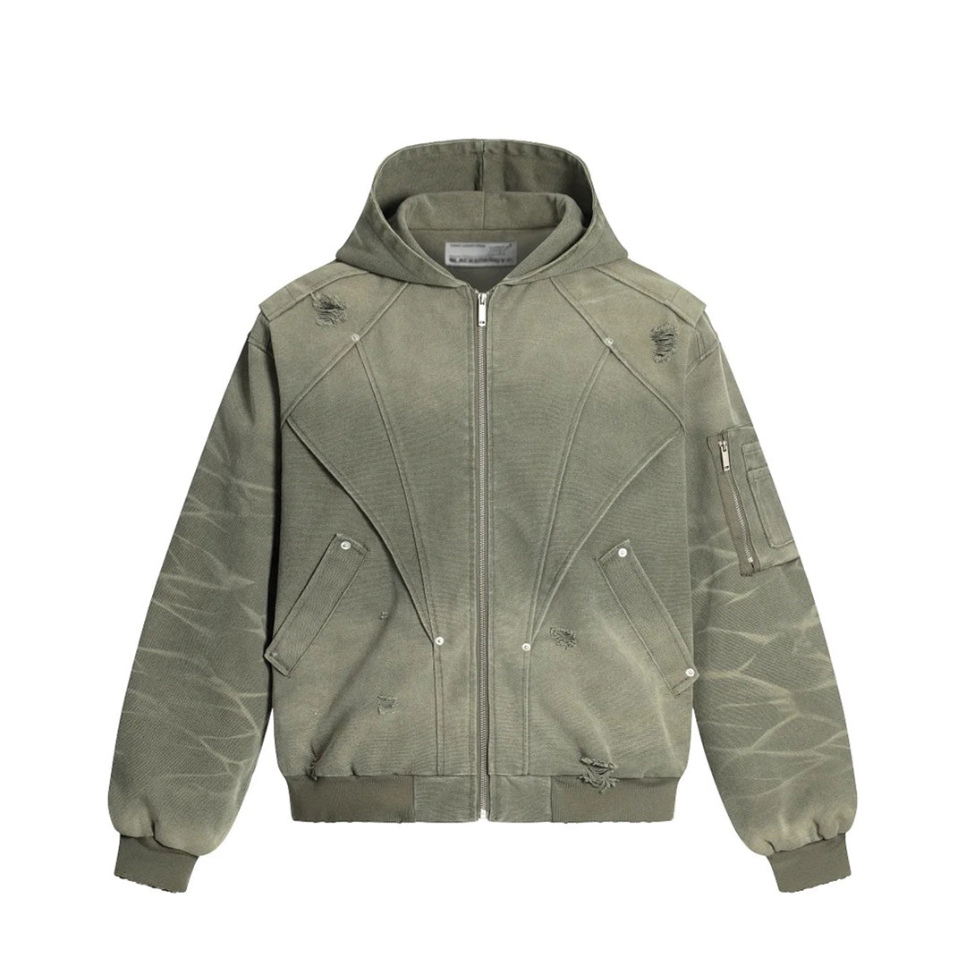 Veste À Capuche Conçue Avec Poches Zippées Et Panneaux Contrastants Avec Détails Usés Sur Corps Et Manches