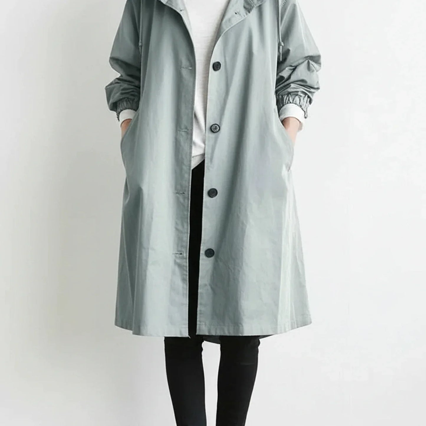Manteau Long à Capuche pour Femme Coupe A Ligne Avec Boutons Poches Latérales et Cordons de Capuche Raglan
