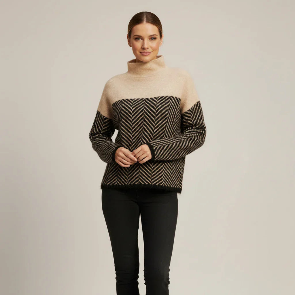 Pull Col Roulé Bicolore Pour Femmes Oversize Avec Motif Chevron Moderne Confortable