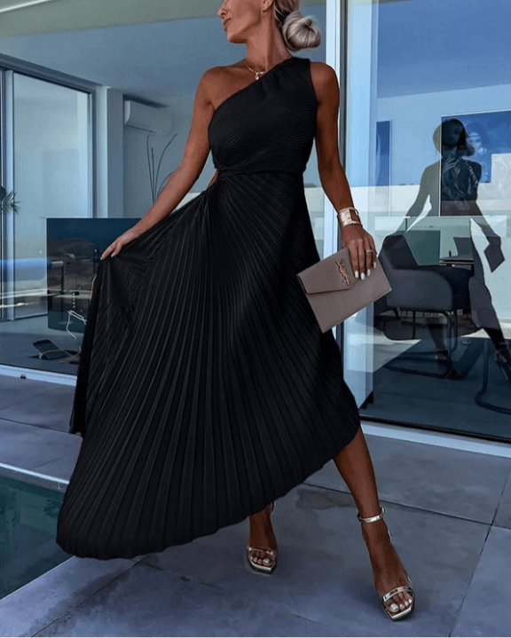 Sarah Robe Maxi Plissée À Une Épaule Pour Femme Événement Gala Élégante Idéale Gala Soirée Romantique