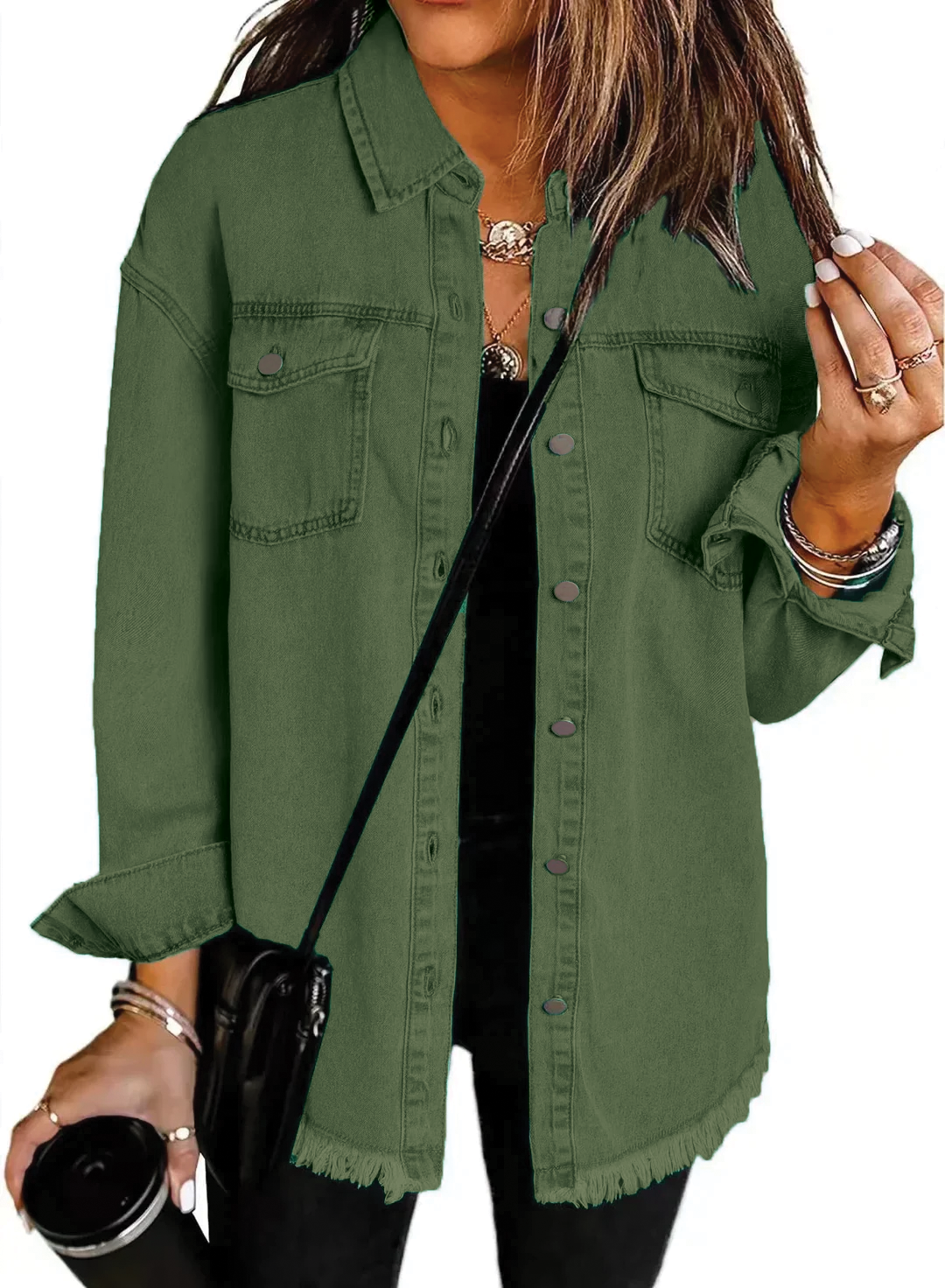 Sophia Amawinc Veste Chemise Denim Doux Lavé Coton Ourlet Frangé Décontractée Pour Superposition