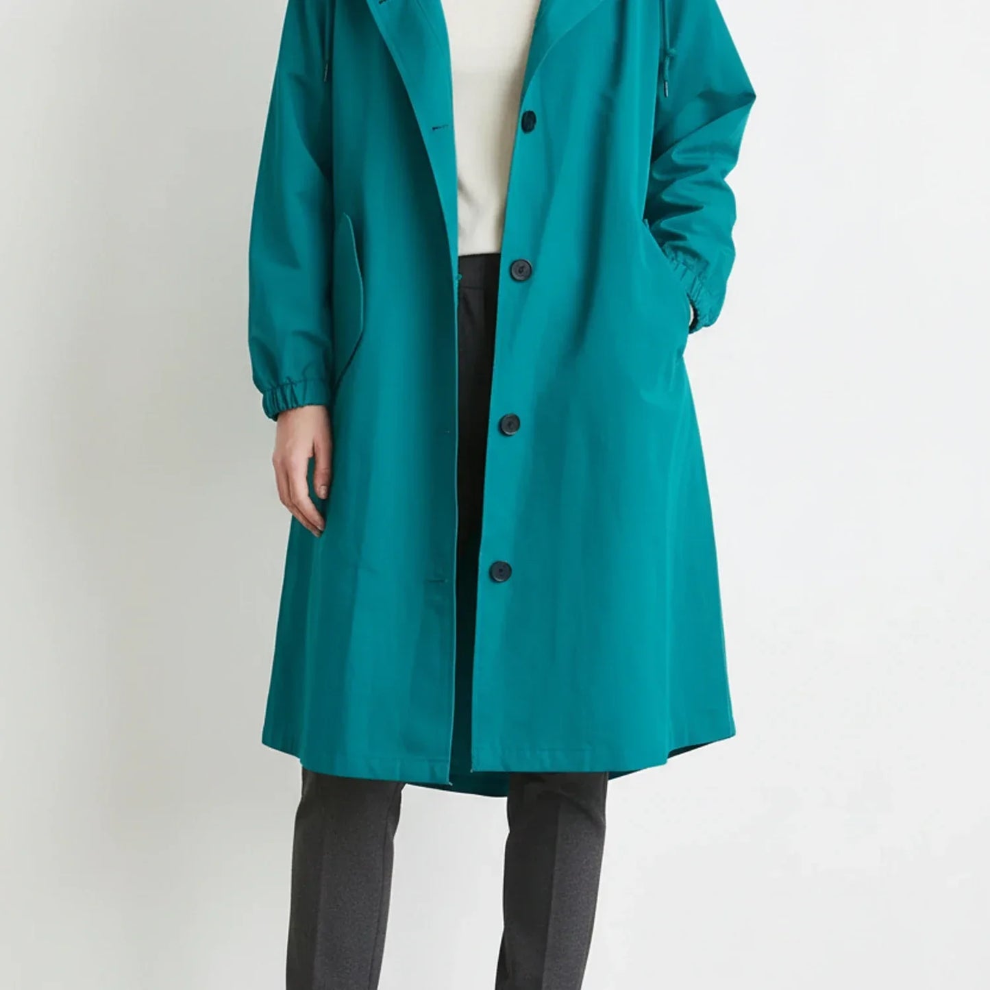 Manteau Long à Capuche pour Femme Coupe A Ligne Avec Boutons Poches Latérales et Cordons de Capuche Raglan