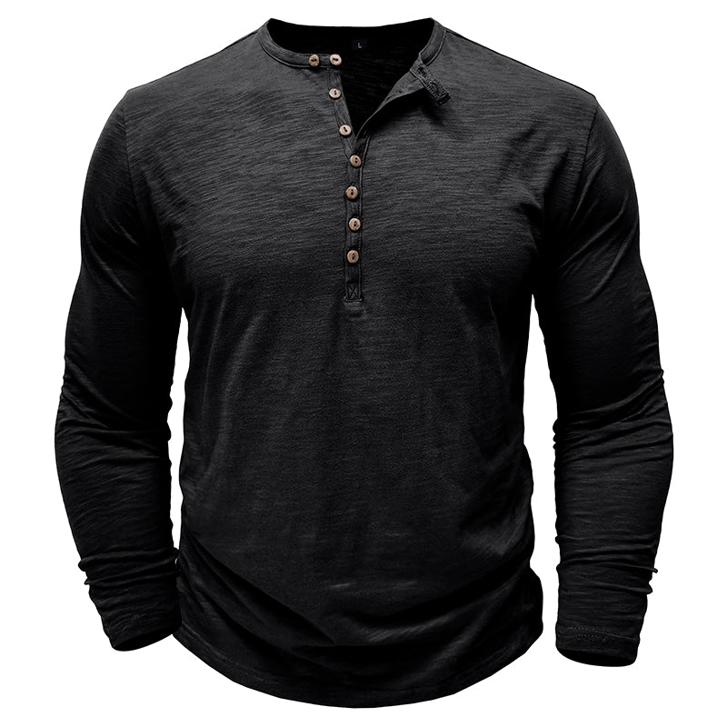 Chemise Henley Homme À Manches Longues Gris Foncé Avec Boutonnage En Bois Décontractée Pour Le Quotidien