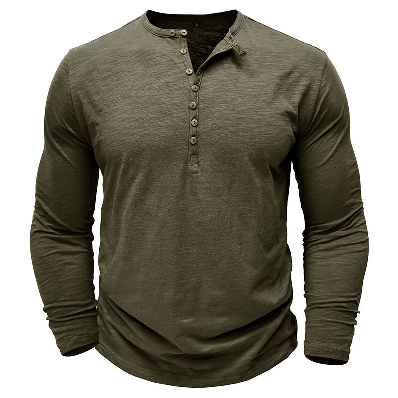 Chemise Henley Homme À Manches Longues Gris Foncé Avec Boutonnage En Bois Décontractée Pour Le Quotidien