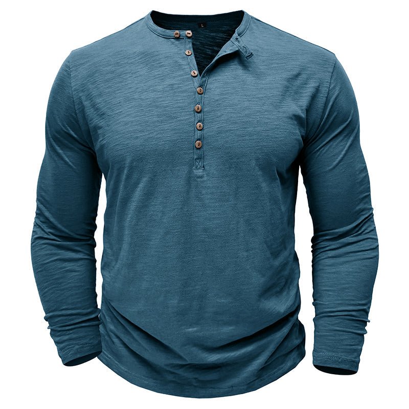 Chemise Henley Homme À Manches Longues Gris Foncé Avec Boutonnage En Bois Décontractée Pour Le Quotidien