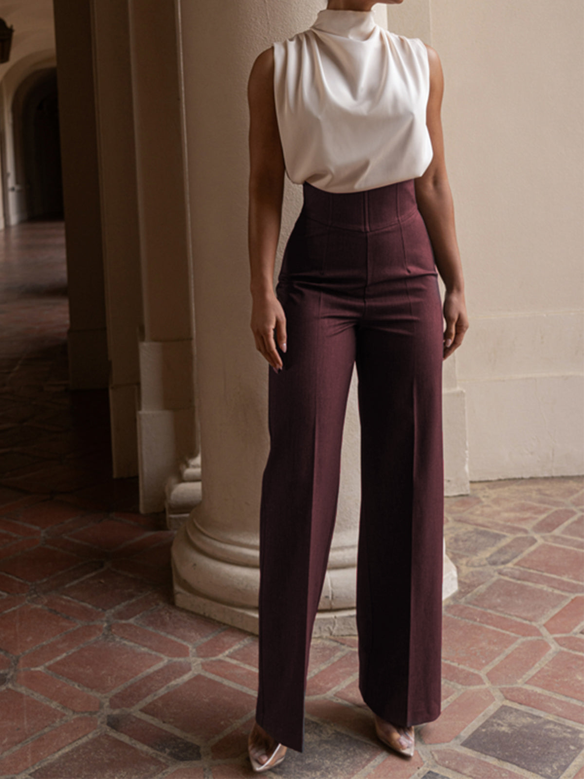 Pantalon Femme Taille Haute Jambe Droite En Tissu Polyester Pour Travail Et Loisirs Élégant Style À Lacets