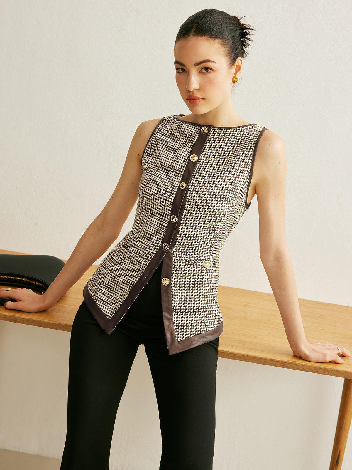 Gilet Sans Manches Pied-de-Poule Boutons Et Bordure Contrastée Pour Le Travail Et Les Occasions