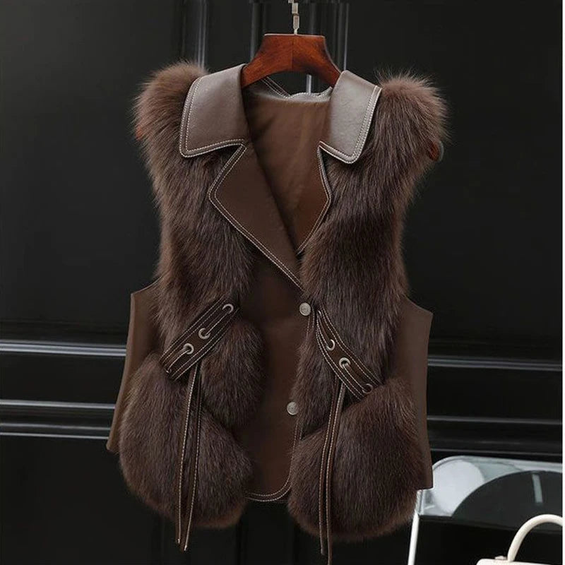Veste Multicouches En Faux Fourrure Regal Avec Bordure Pelucheuse Et Corps Effet Cuir À Liens Latéraux Ajustables