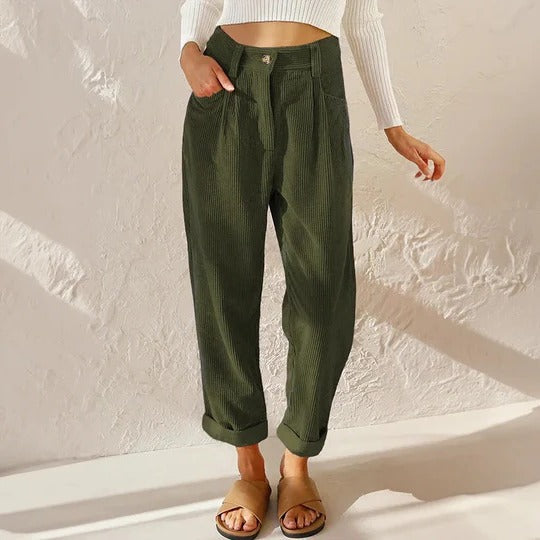 Pantalon Velours Côtelé Femme Décontracté À Jambe Large Taille Haute Élastique Pour Tous Les Jours