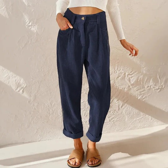 Pantalon Velours Côtelé Femme Décontracté À Jambe Large Taille Haute Élastique Pour Tous Les Jours