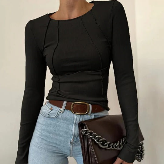 Top Manches Longues Femme À Coupe Droite Avec Détail Passepoil Discret Sur Les Coutures Pour Silhouette Minimaliste
