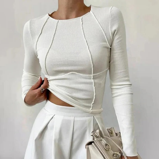 Top Manches Longues Femme À Coupe Droite Avec Détail Passepoil Discret Sur Les Coutures Pour Silhouette Minimaliste
