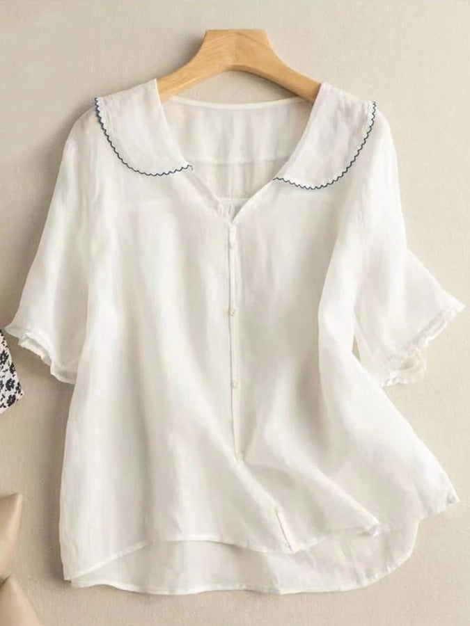 Chemise Femme Col Claudine Manches Courtes Décontractée Coupe Standard Avec Léger Élastique Pour Toute Annee