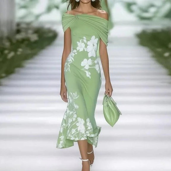 Robe Midi Floral Élégante Pour Événements Printemps Été Avec Épaules Décolletées Amawinc