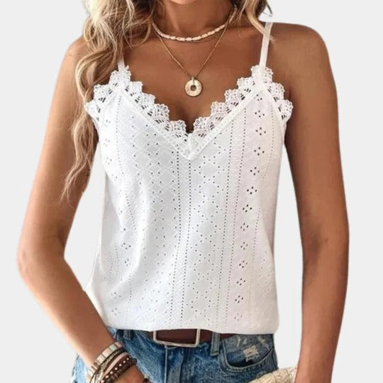 Top Pour Femme Col V Avec Broderie Oeillets Et Patch Dentelle Pour Toucher Féminin Et Confortable