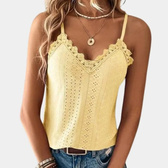 Top Pour Femme Col V Avec Broderie Oeillets Et Patch Dentelle Pour Toucher Féminin Et Confortable
