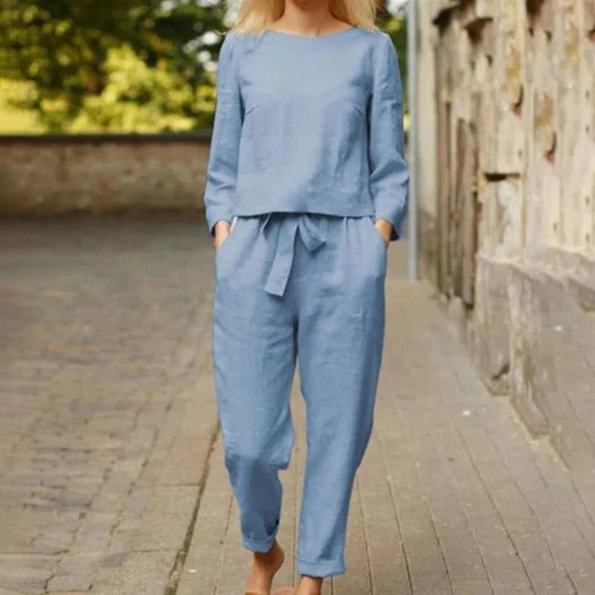 Ensemble Deux Pièces Décontracté Haut Col Rond Manches Longues Et Pantalon Coordonné Avec Détail Tressé