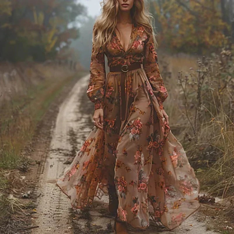 Robe Maxi Fluide à Manches Longues à Motifs Floraux Amawinc Pour Tous Les Jours et Aventures En Plein Air