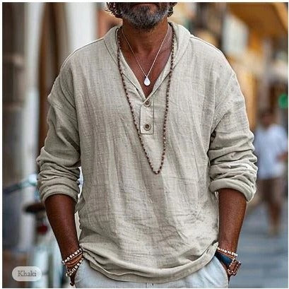 Chemise En Lin Pour Homme À Manches Longues Avec Col Montant Pour Superposition Et Style Décontracté Amawinc