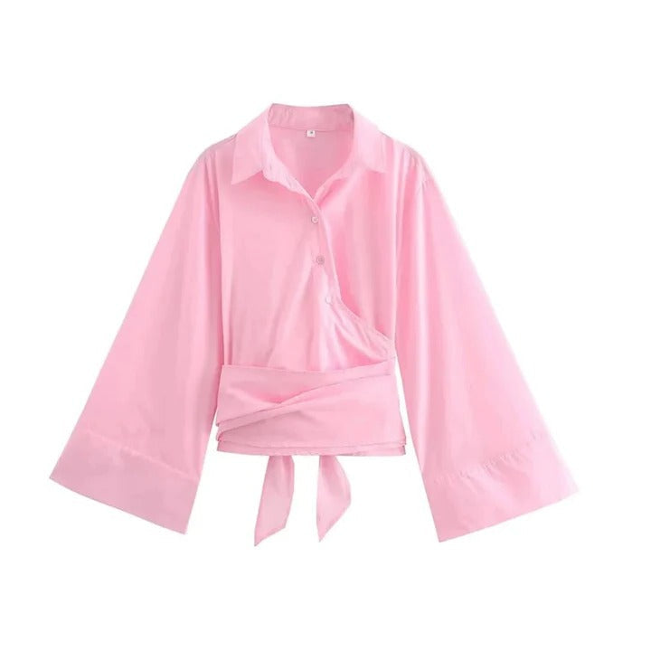 Blouse À Manches Longues Avec Ceinture Large À Nœud Pour Confort Et Équilibre Visuel Quotidien