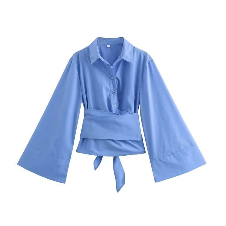Blouse À Manches Longues Avec Ceinture Large À Nœud Pour Confort Et Équilibre Visuel Quotidien