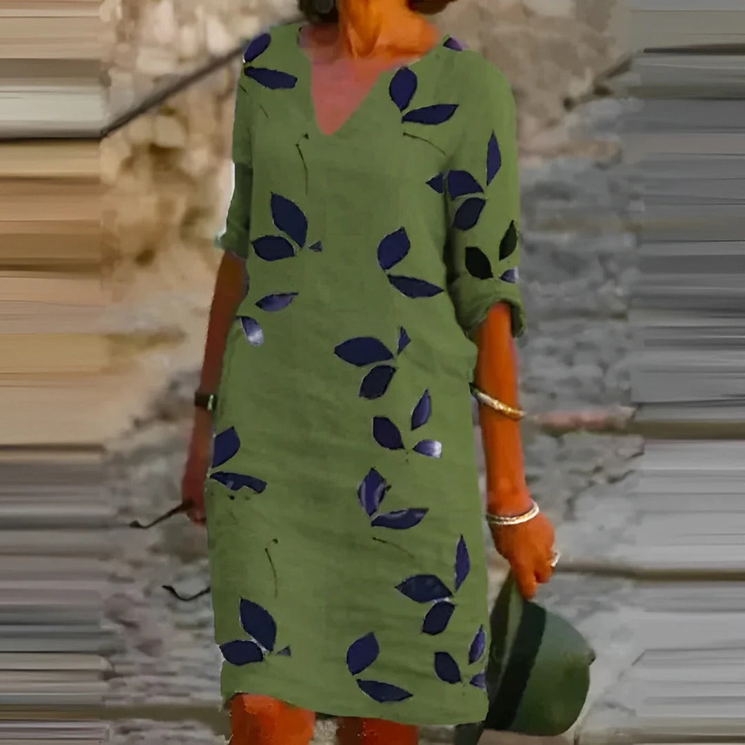 Amawinc Robe A-Line Encolure V Imprimé Feuillage Léger Respirante Été Confortable Pour Quotidien Et Voyage Léger