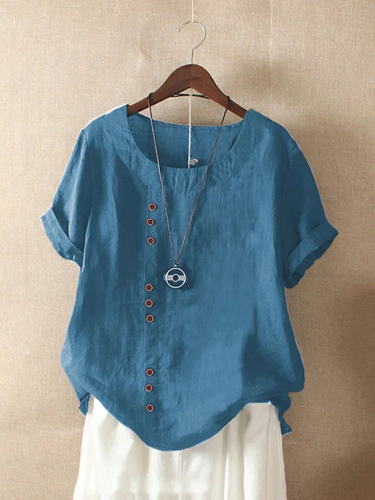 Blouse À Manches Courtes Décontractée Avec Col Rond Et Boutons Frontaux Léger Confortable