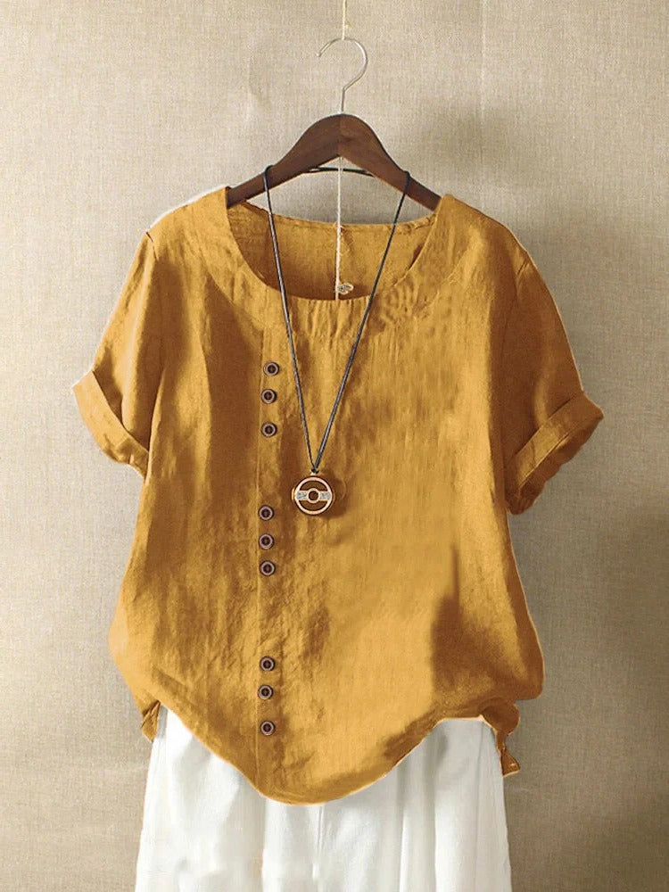 Blouse À Manches Courtes Décontractée Avec Col Rond Et Boutons Frontaux Léger Confortable