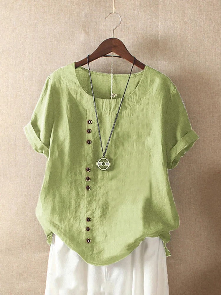 Blouse À Manches Courtes Décontractée Avec Col Rond Et Boutons Frontaux Léger Confortable